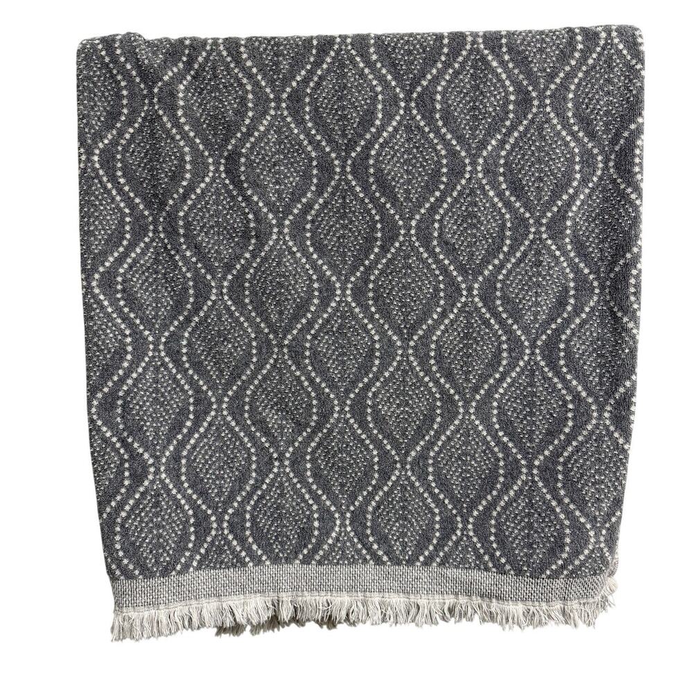 Trident Boho Luxury Bath Towel Gray Ivory Reversible Geometric Fringe Soft 55x30
